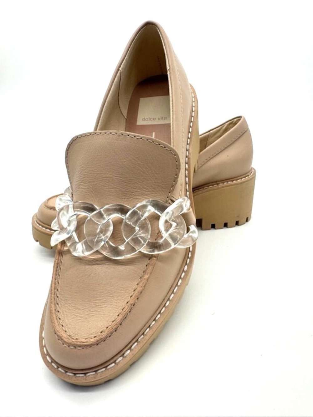 Dolce Vita Beige Loafers with Clear Chain Detail